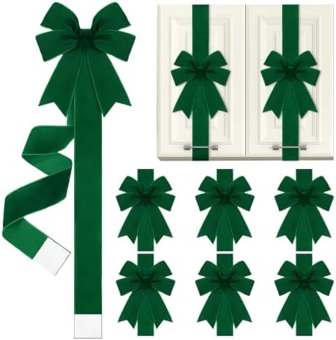6 Pcs Dark Green Velvet Christmas Cabinet Bows Ribbons for Kitchen