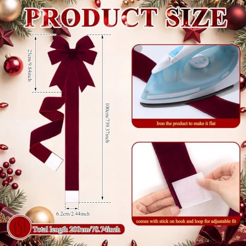 6 Pcs Dark Red Velvet Christmas Cabinet Bows Ribbons for Kitchen, alternate view 2