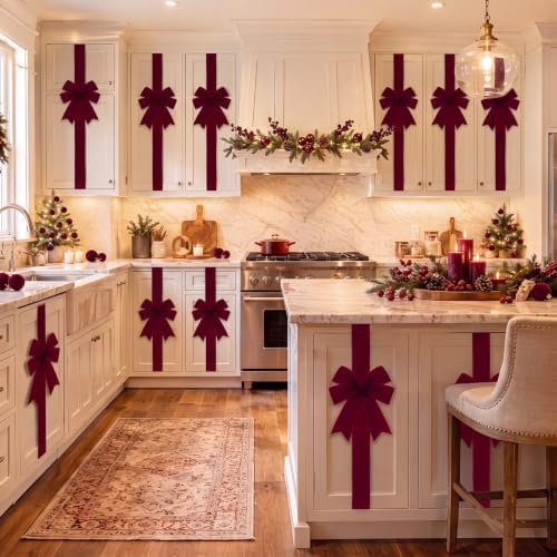6 Pcs Dark Red Velvet Christmas Cabinet Bows Ribbons for Kitchen, alternate view 5