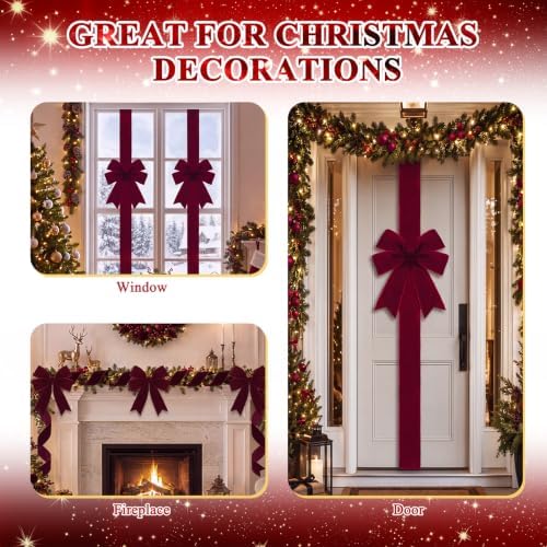 6 Pcs Dark Red Velvet Christmas Cabinet Bows Ribbons for Kitchen, alternate view 6