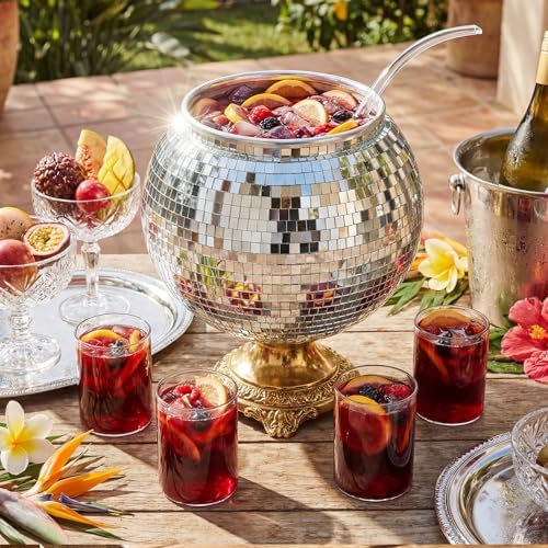 6 Pcs Disco Punch Bowl Set, 1.3 Gallon Large Plastic Punch Bowl with Ladle and 4 Glass Cups for Disco Party
