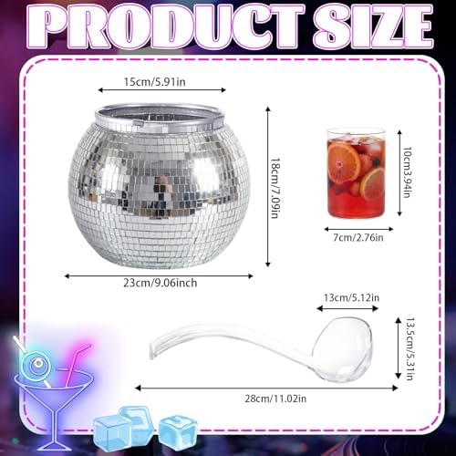 6 Pcs Disco Punch Bowl Set, 1.3 Gallon Large Plastic Punch Bowl with Ladle and 4 Glass Cups for Disco Party, alternate view 2