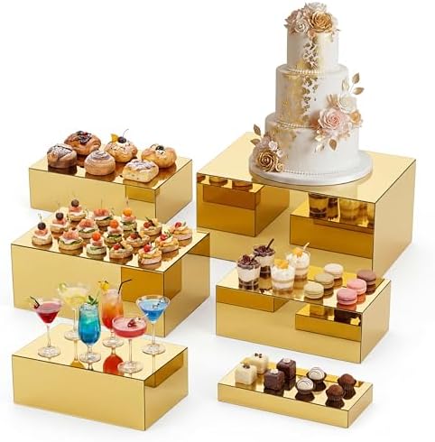 6 Pcs Extra Large Acrylic Buffet Risers, 7 to 12 Inch, Gold in about 6 x 6 x 2 inches, 7 x 7 x 4 inches, 8 x 8 x