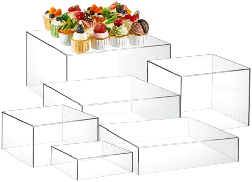 6 Pcs Extra Large Acrylic Buffet Risers, Square 6 to 11 In, Clear in about 6 x 6 x 2 inches, 7 x 7 x 4 inches, 8