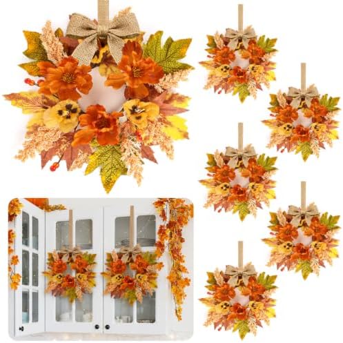 6 PCS Fall Wreath for Kitchen Cabinets Artificial Flower Door Wreath Autumn Table Centerpiece Farmhouse Hanging