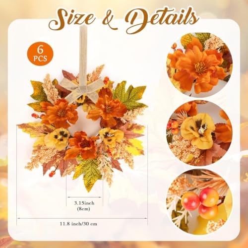 6 PCS Fall Wreath for Kitchen Cabinets Artificial Flower Door Wreath Autumn Table Centerpiece Farmhouse Hanging, alternate