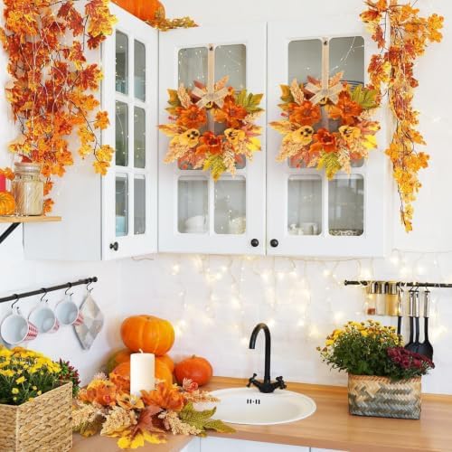 6 PCS Fall Wreath for Kitchen Cabinets Artificial Flower Door Wreath Autumn Table Centerpiece Farmhouse Hanging, alternate
