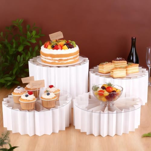 6 Pcs Foldable Paper Cylinder Stands Food Risers for Buffet Table Round Paper Holders White Dessert Riser Set, alternate view