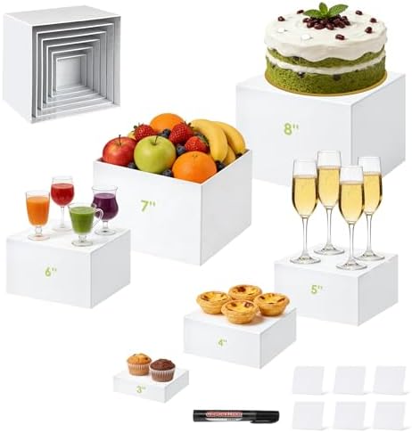 6 Pcs Food Display Riser w/ Signs a Pen 8x7x6x5x4x3 Inch Acrylic Catering Dessert Jewelry Figures Show