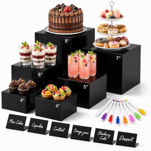 6 Pcs Food Risers for Display Party Buffet Riser Black(4",4",5",6",7",8") in Black