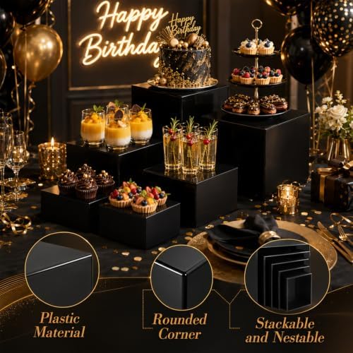 6 Pcs Food Risers for Display Party Buffet Riser Black(4",4",5",6",7",8") in Black, alternate view 6