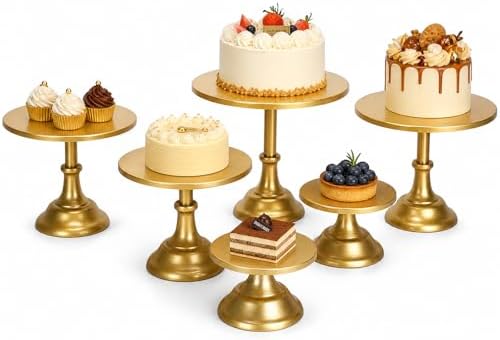 6 Pcs Gold Cake Stand Set, Round Dessert Cupcake Holder Metal Plate Cake Serving Tray for Birthday Wedding Party