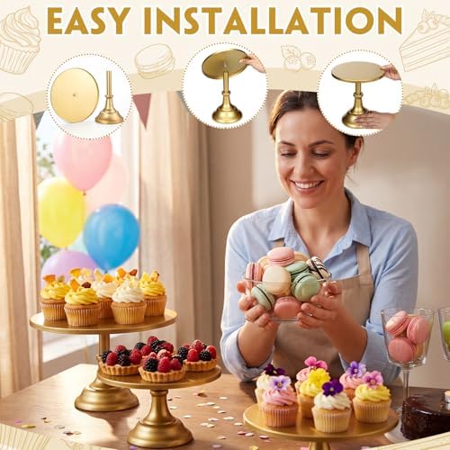 6 Pcs Gold Cake Stand Set, Round Dessert Cupcake Holder Metal Plate Cake Serving Tray for Birthday Wedding Party, alternate