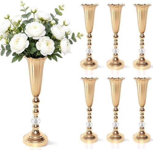 6 Pcs Gold Wedding Centerpieces for Tables Bulk, Tall Flower Trumpet Vases for Centerpieces, Metal Centerpiece