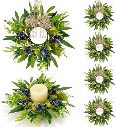 6 PCS Green Eucalyptus Olive Swag Wreaths for Pillars Spring Summer Greenery Kitchen Cabinet Wreaths Mini Green