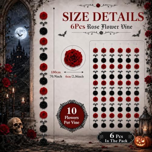 6 Pcs Halloween Gothic Hanging Decor Red Black Rose Each 70.9" in Black, Red, alternate view 2