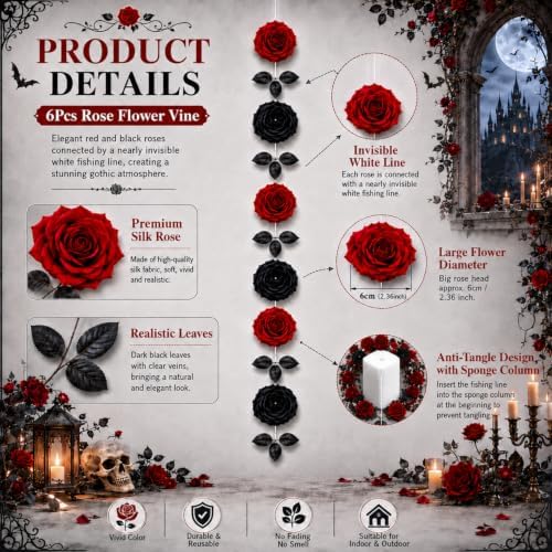6 Pcs Halloween Gothic Hanging Decor Red Black Rose Each 70.9" in Black, Red, alternate view 3