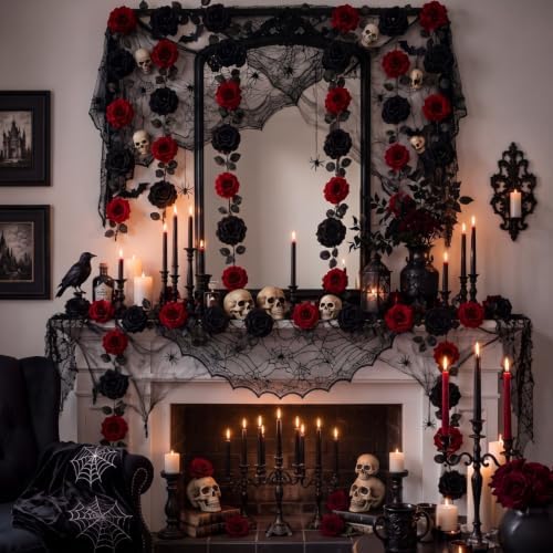 6 Pcs Halloween Gothic Hanging Decor Red Black Rose Each 70.9" in Black, Red, alternate view 4