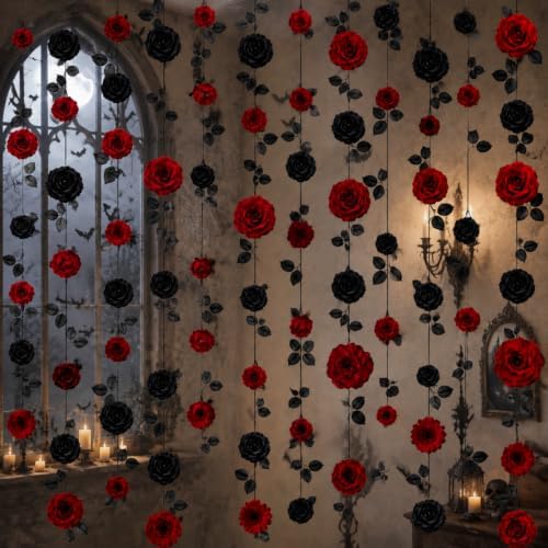 6 Pcs Halloween Gothic Hanging Decor Red Black Rose Each 70.9" in Black, Red, alternate view 5