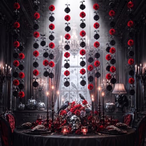 6 Pcs Halloween Gothic Hanging Decor Red Black Rose Each 70.9" in Black, Red, alternate view 6