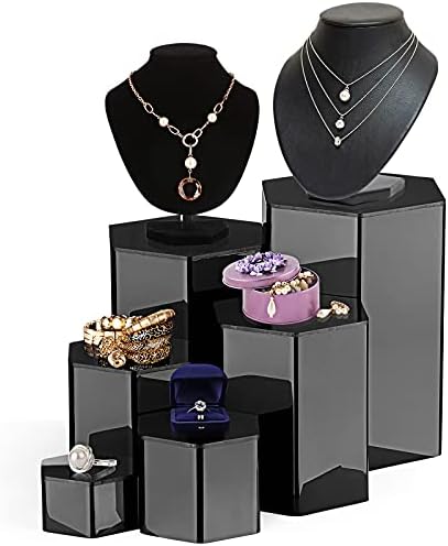 6 Pcs Hexagonal Jewelry Display Risers Acrylic Stands, Black in Rainbow, alternate view 4