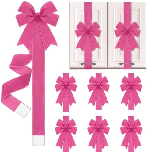 6 Pcs Hot Pink Velvet Christmas Cabinet Bows Ribbons for Kitchen