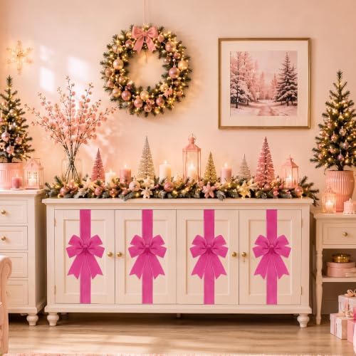 6 Pcs Hot Pink Velvet Christmas Cabinet Bows Ribbons for Kitchen, alternate view 4