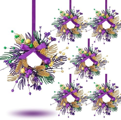 6 PCS Mardi Gras Purple and Green Glitter Mini Cabinet Wreaths for Front Door Carnival Party Decor Wreath Mardi