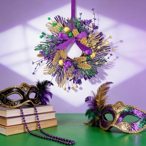 6 PCS Mardi Gras Purple and Green Glitter Mini Cabinet Wreaths for Front Door Carnival Party Decor Wreath Mardi, alternate