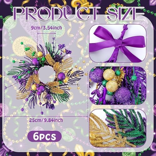6 PCS Mardi Gras Purple and Green Glitter Mini Cabinet Wreaths for Front Door Carnival Party Decor Wreath Mardi, alternate