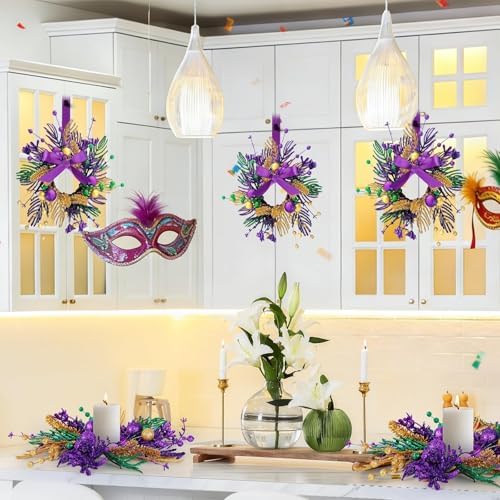6 PCS Mardi Gras Purple and Green Glitter Mini Cabinet Wreaths for Front Door Carnival Party Decor Wreath Mardi, alternate