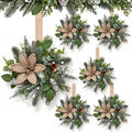 6 PCS Mini Christmas Snow Frosted Pine Wreaths for Kitchen Cabinet with Bow in Burlap Poinsettia