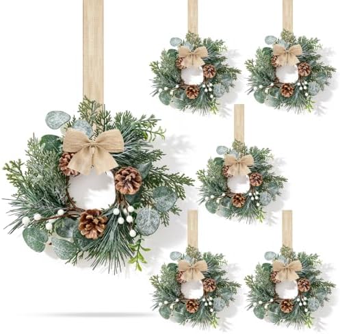 6 Pcs Mini Christmas Wreaths for Kitchen Cabinet Front Door with Bow