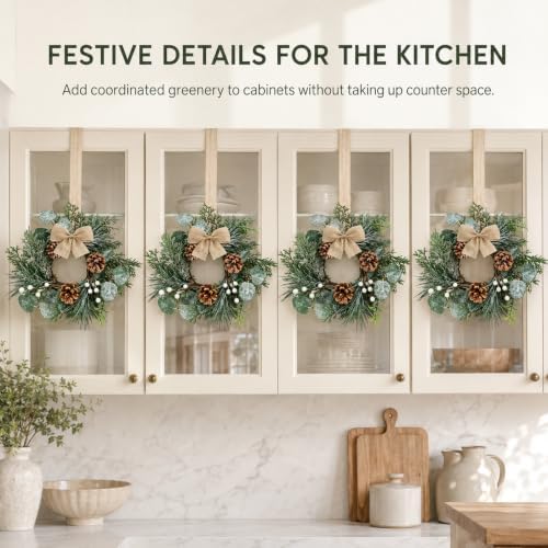 6 Pcs Mini Christmas Wreaths for Kitchen Cabinet Front Door with Bow, alternate view 7