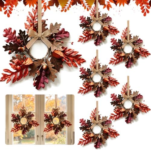 6 Pcs Mini Fall Hanging Wreaths Autumn Berries Candle Rings Pillar Holder Wreath Autumn Leaves Harvest Wreaths