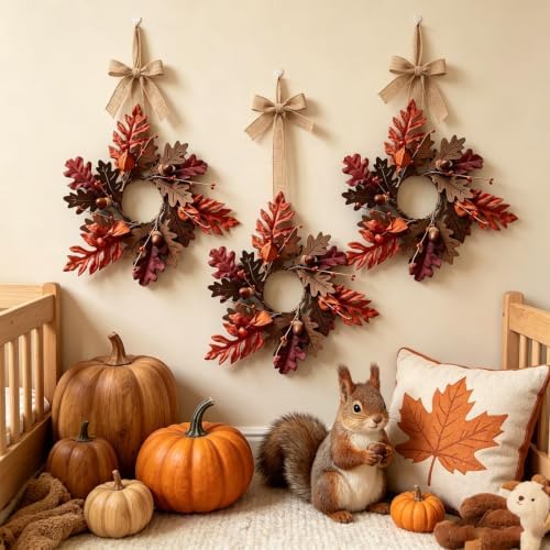 6 Pcs Mini Fall Hanging Wreaths Autumn Berries Candle Rings Pillar Holder Wreath Autumn Leaves Harvest Wreaths, alternate