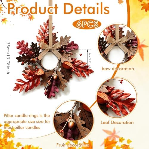 6 Pcs Mini Fall Hanging Wreaths Autumn Berries Candle Rings Pillar Holder Wreath Autumn Leaves Harvest Wreaths, alternate