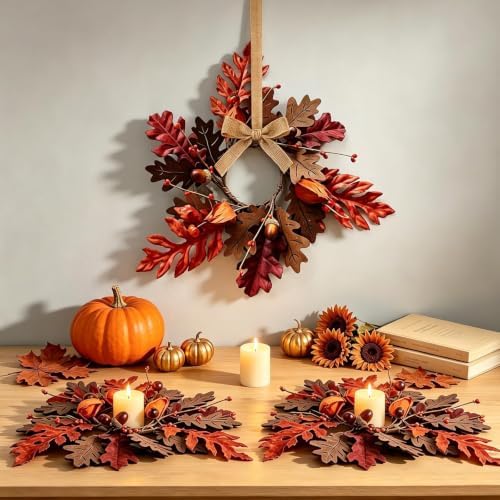 6 Pcs Mini Fall Hanging Wreaths Autumn Berries Candle Rings Pillar Holder Wreath Autumn Leaves Harvest Wreaths, alternate