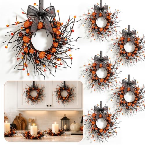 6 PCS Mini Halloween Cabinet Wreaths Black Wreath with Bow Small Hanging Halloween Wreath Crafts Ornament for