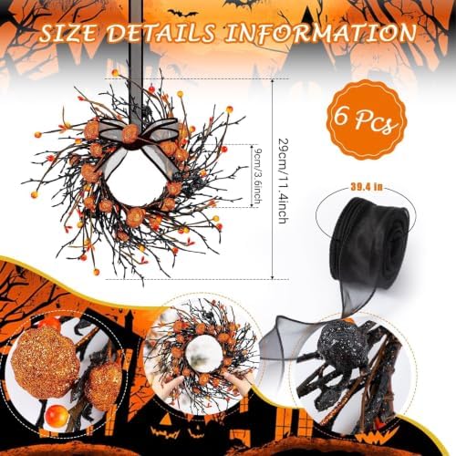 6 PCS Mini Halloween Cabinet Wreaths Black Wreath with Bow Small Hanging Halloween Wreath Crafts Ornament for, alternate view