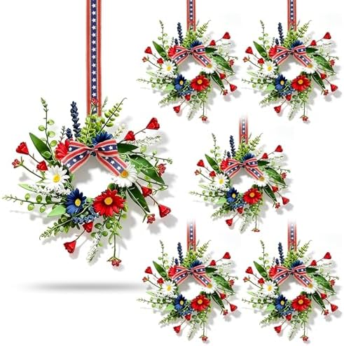 6 Pcs Mini Patriotic American Kitchen Cabinet Wreaths Small 4th of July Floral Swag Wreath for Front Door with