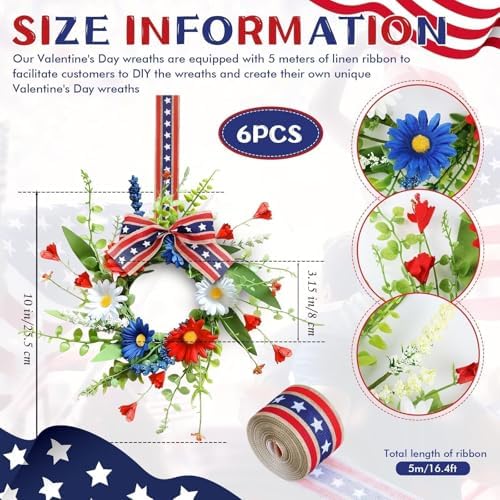 6 Pcs Mini Patriotic American Kitchen Cabinet Wreaths Small 4th of July Floral Swag Wreath for Front Door with, alternate
