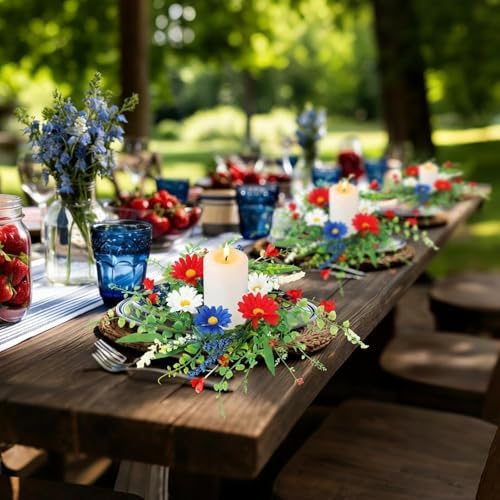 6 Pcs Mini Patriotic American Kitchen Cabinet Wreaths Small 4th of July Floral Swag Wreath for Front Door with, alternate