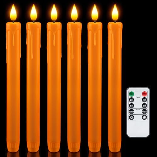 6 Pcs Orange Flameless Taper Candles with Remote, Timer, Dimmer, Battery Operated CandleSticks with Flickering