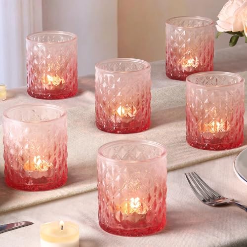 6 Pcs Pink Votive Candle Holders Glass Fall Tea Light Candles Holder in Pink