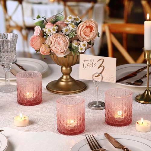 6 Pcs Pink Votive Candle Holders Glass Fall Tea Light Candles Holder in Pink, alternate view 4