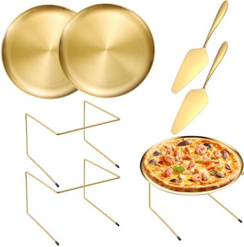 6 Pcs Pizza Pan Riser Stand Set, 2 Metal Pizza Table Stands + 2 Nonstick Pizza Pans + 2 Pie Servers, Gold Pizza