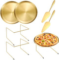 6 Pcs Pizza Pan Riser Stand Set, 2 Metal Pizza Table Stands + 2 Nonstick Pizza Pans + 2 Pie Servers, Gold Pizza
