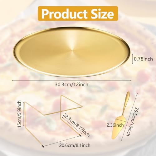 6 Pcs Pizza Pan Riser Stand Set, 2 Metal Pizza Table Stands + 2 Nonstick Pizza Pans + 2 Pie Servers, Gold Pizza, alternate