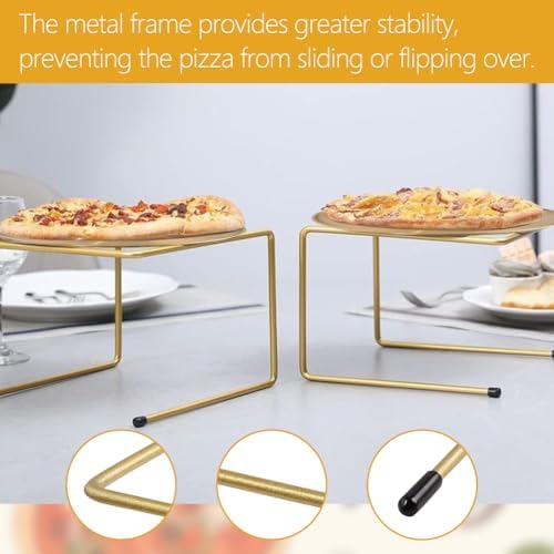 6 Pcs Pizza Pan Riser Stand Set, 2 Metal Pizza Table Stands + 2 Nonstick Pizza Pans + 2 Pie Servers, Gold Pizza, alternate